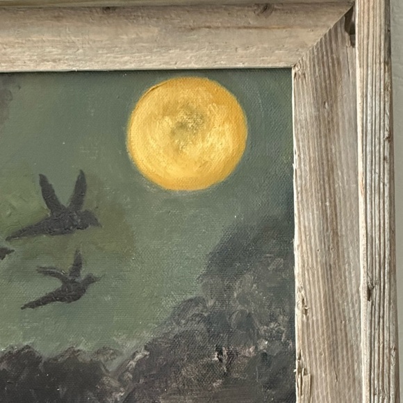 OIL PAINTING Harvest Moon Crow And Pumpkin Art Reclaimed Barn-wood Holiday Fall - Picture 6 of 10